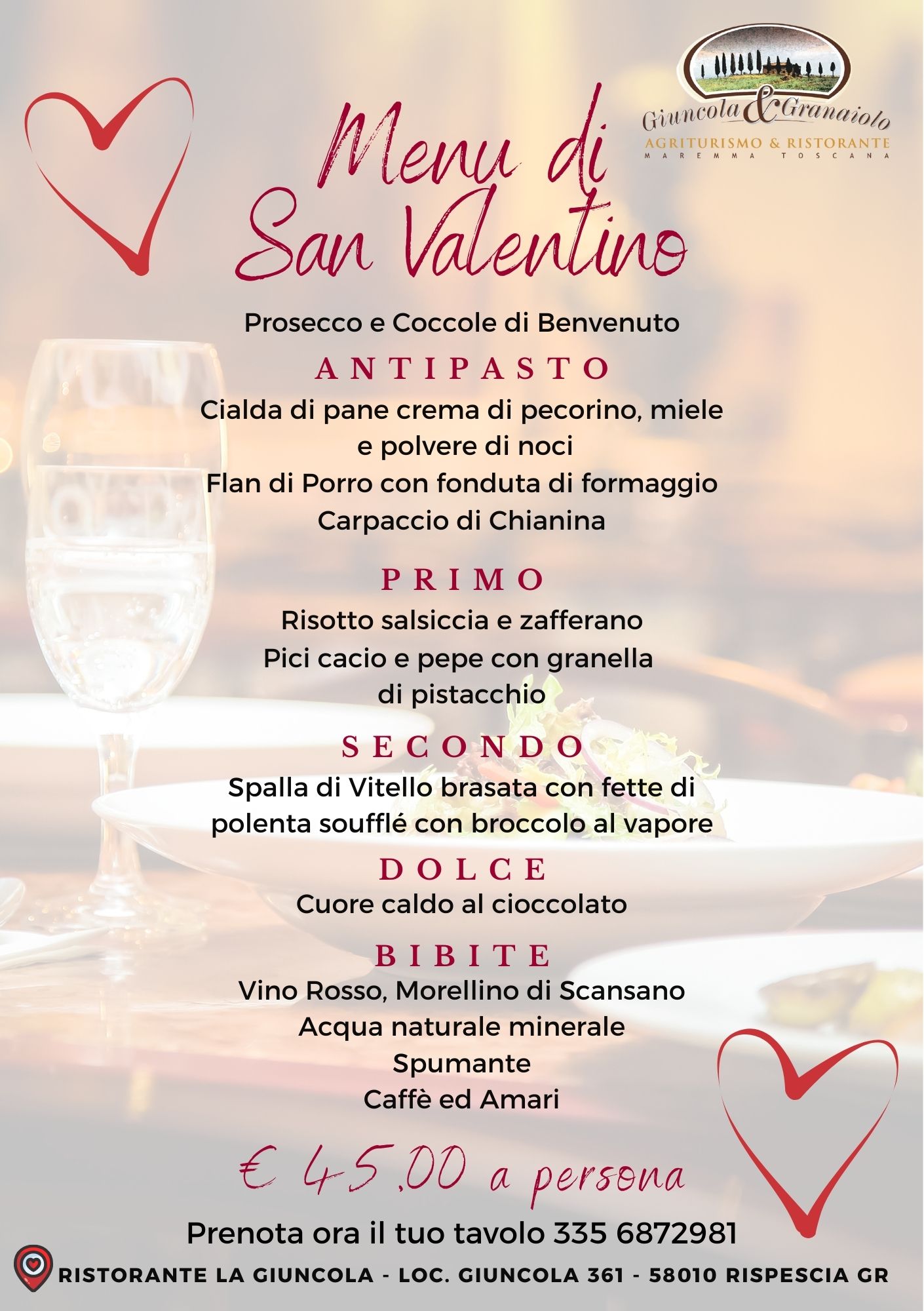 Menù cena romantica San Valentino 2026 in agriturismo vicino Grosseto