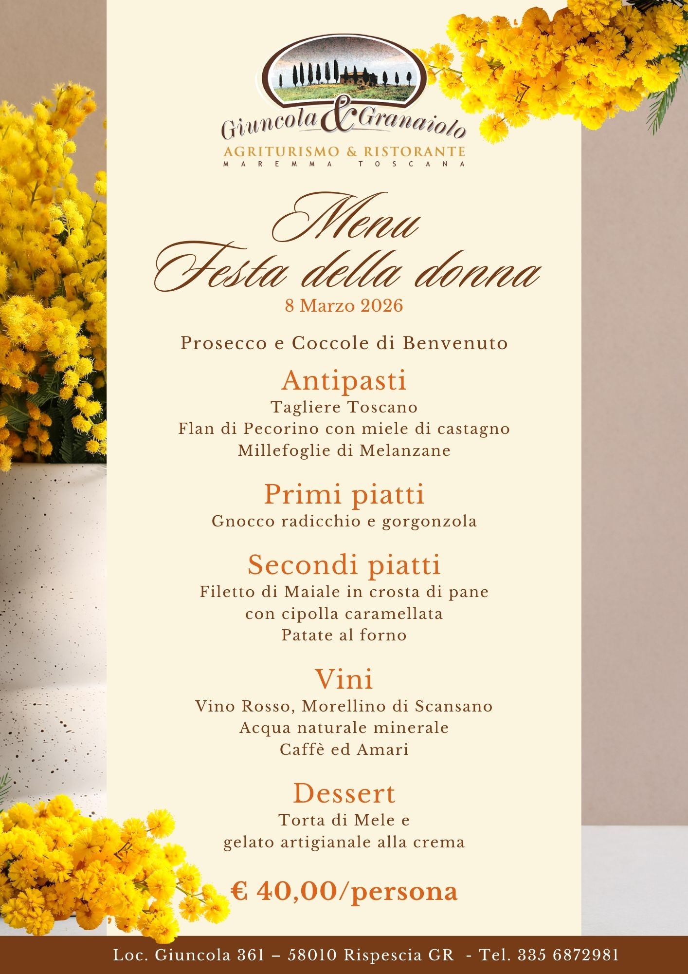 Cena festa della donna 2026 - Agriturismo Giuncola e Granaiolo