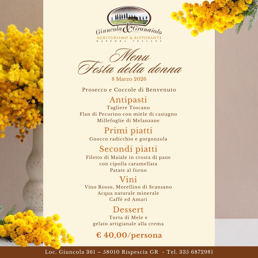Menù cena festa della Donna 2026 - Agriturismo Giuncola e Granaiolo